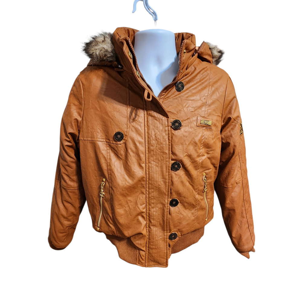 Rocawear Women's Bomber Hooded Jacket XL Brown Faux Fur and Leather‎
